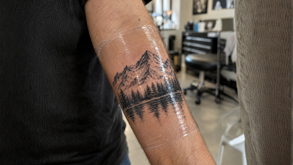 Frisch gestochenes Berg- und Wald-Tattoo am Unterarm mit transparenter Tattoo-Schutzfolie abgedeckt, um die tätowierte Haut während der Heilung zu schützen.