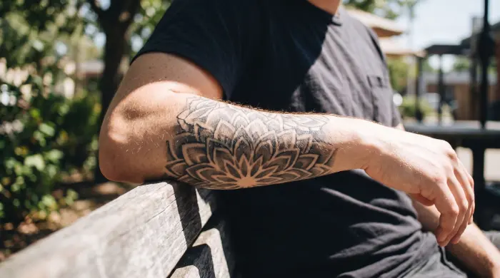 Abgeheiltes Mandala-Tattoo am Unterarm bei direkter Sonneneinstrahlung – UV-Strahlung kann Tattoo-Farben langfristig verblassen lassen.