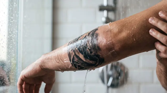 Frisches Tattoo am Unterarm mit transparenter Tattoo-Schutzfolie beim Duschen – Wasser läuft über den wasserdichten Folienverband.