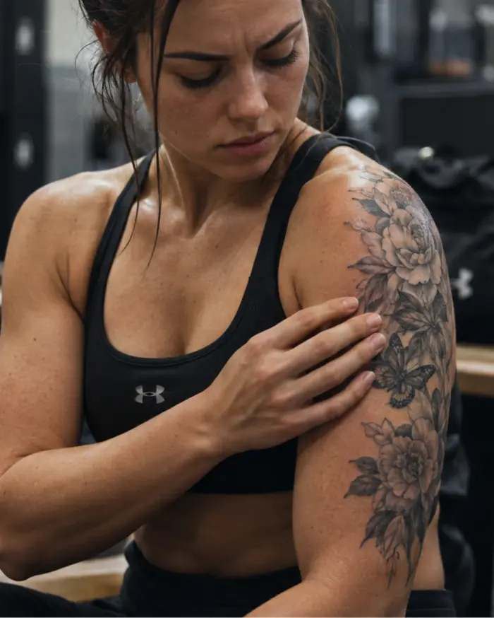 Sportlerin im Fitnessstudio berührt ihr Blumen-Tattoo am Oberarm – Tattoo-Pflege und Schutz der tätowierten Haut beim Sport während der Heilungsphase.